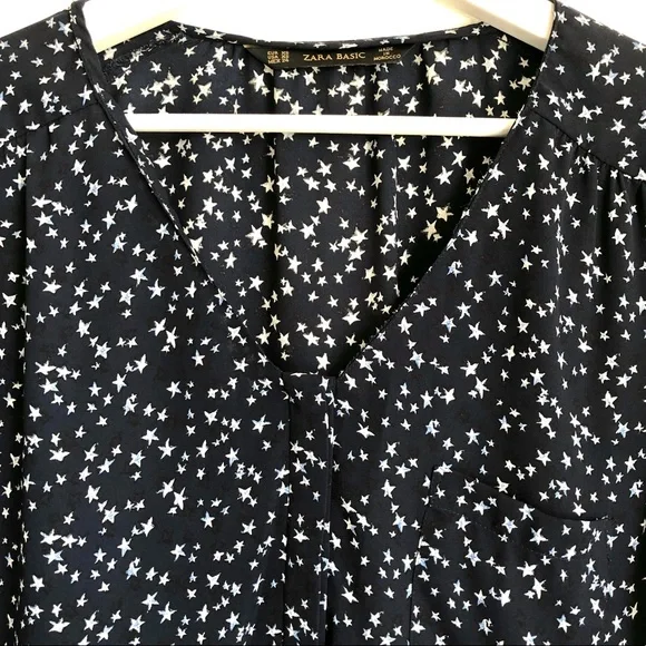 Zara Navy Blue Star Chiffon Long Sleeve Button Up Blouse Size XS - Picture 4 of 12